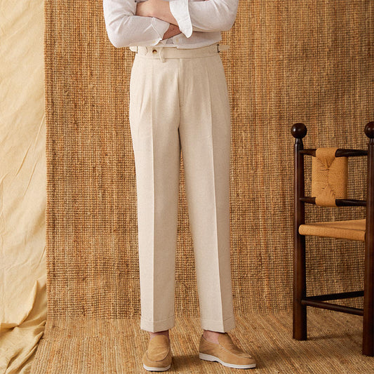 Pantalón "Monaco" de Lino con Doble Pliegue, Corte Recto