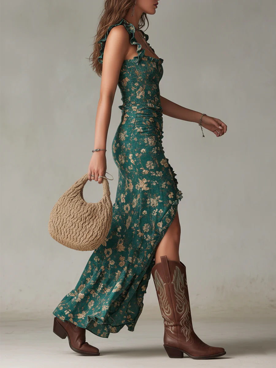 Vestido Maxi Estampado Verde Boho con Mangas de Volantes