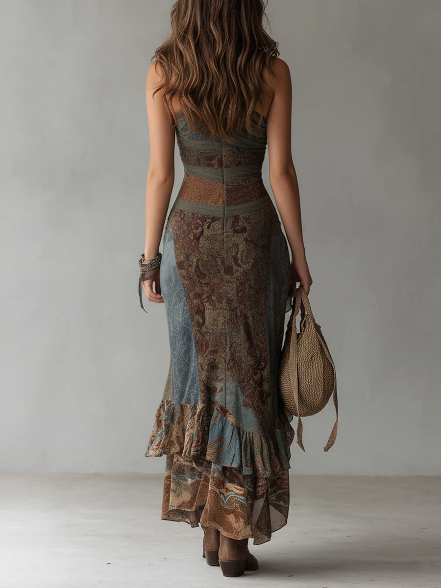 Vestido Maxi Estampado Étnico con Hombro Descubierto