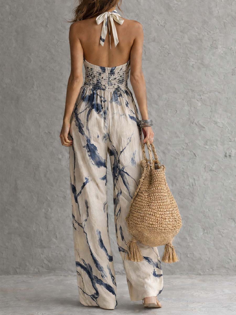 Jumpsuit con Escote Halter y Estampado Tipo Tinta