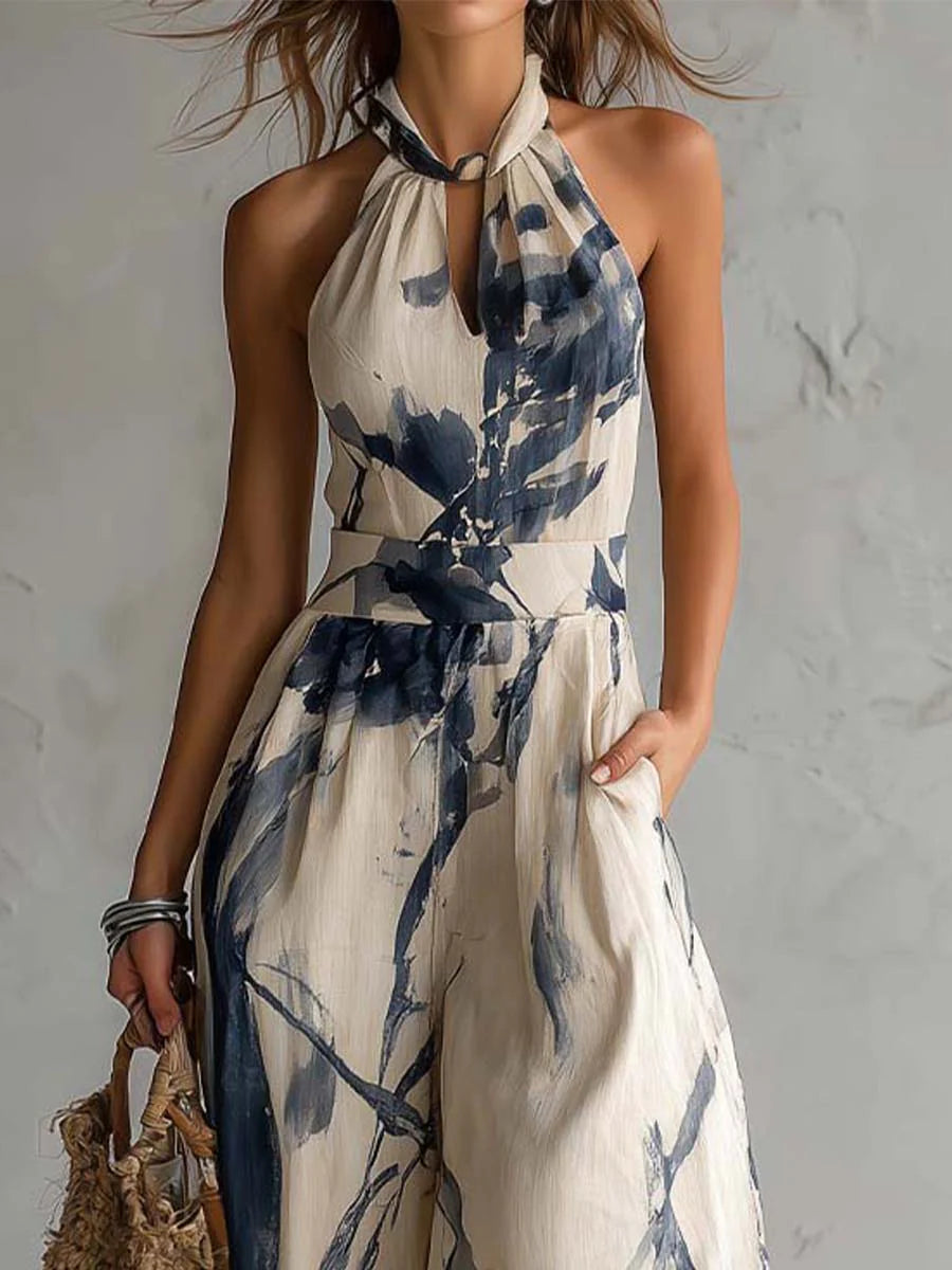 Jumpsuit con Escote Halter y Estampado Tipo Tinta
