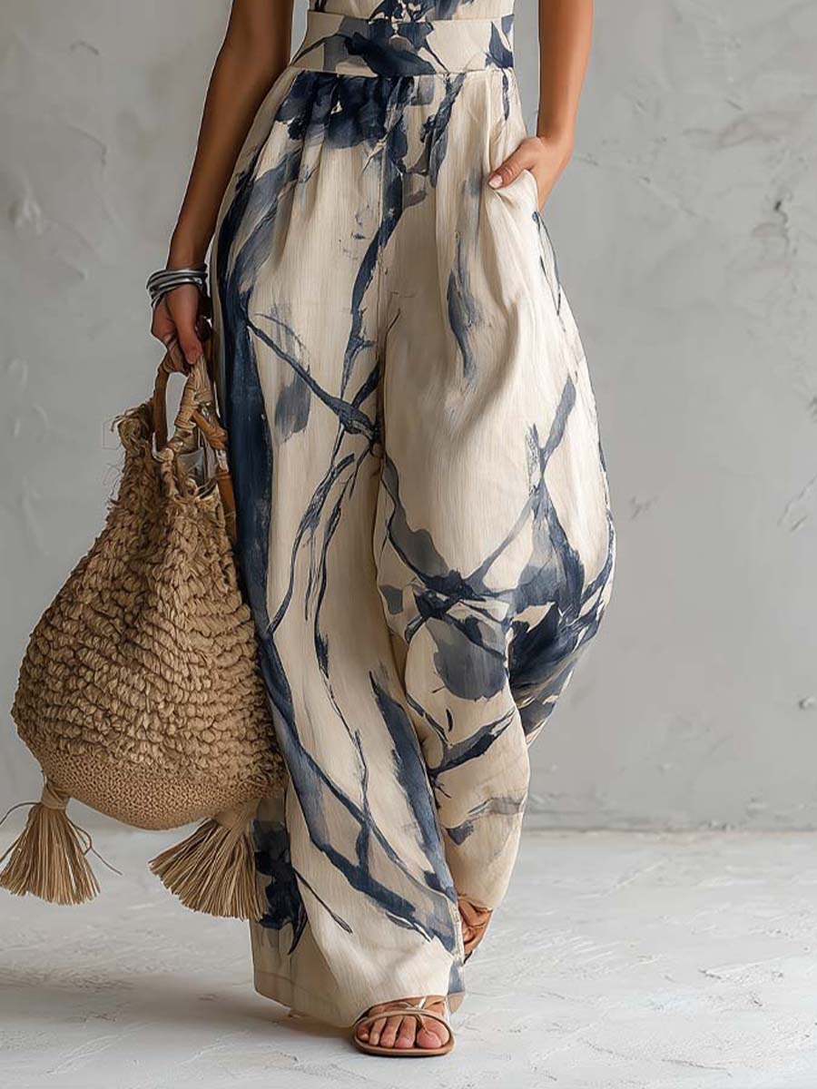 Jumpsuit con Escote Halter y Estampado Tipo Tinta