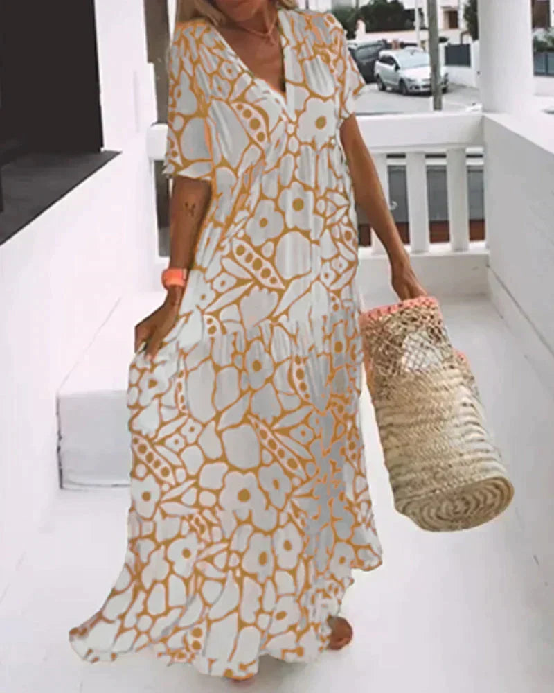 CHRISTINE | Vestido Largo de Verano de Corte Fluido con Elegante Estampado Gráfico