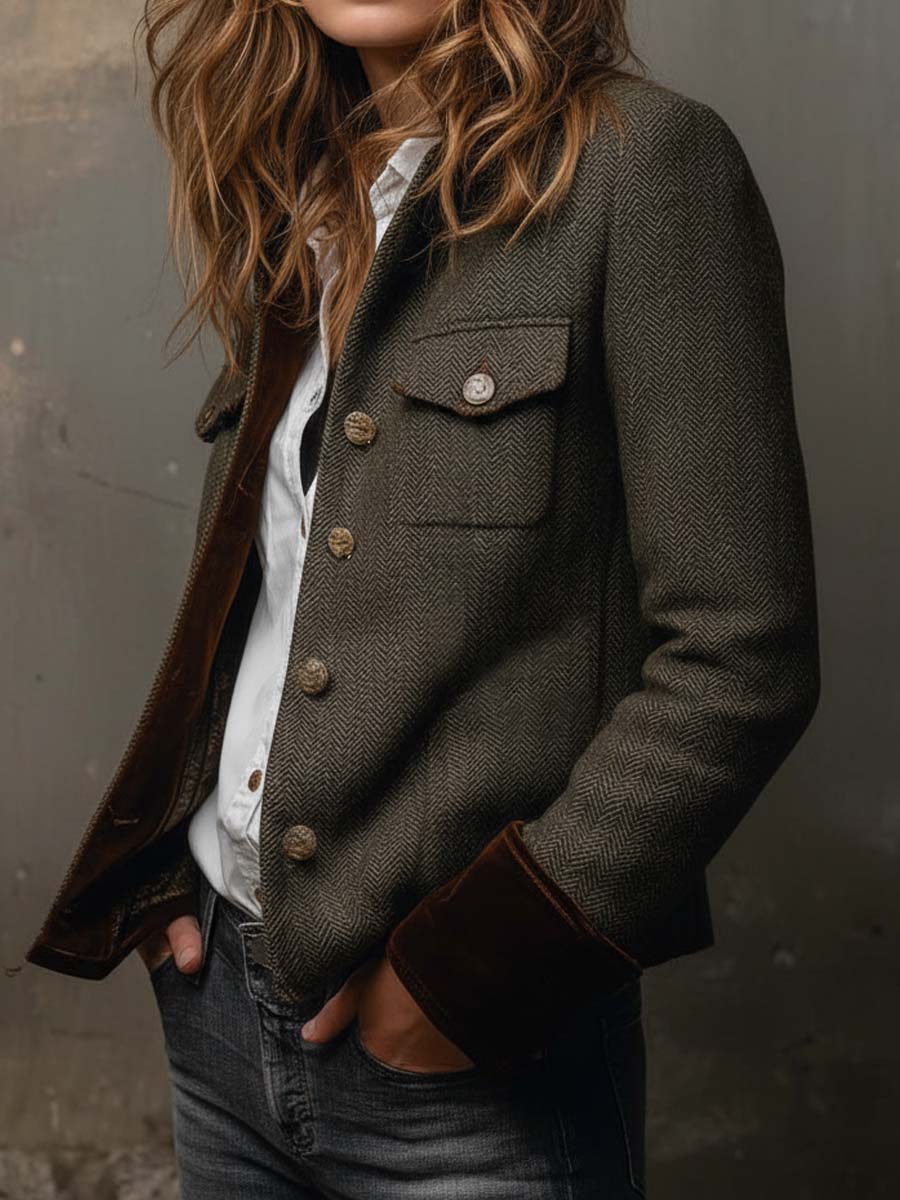 Honorine | Blazer Vintage Chevron con Bordes Contrastantes