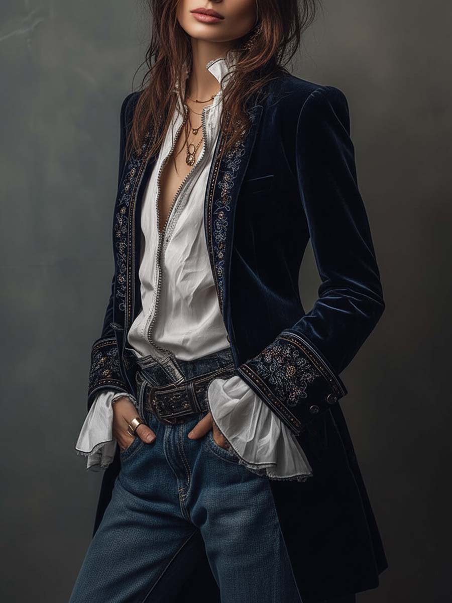 Athénaïs | Chamarra Larga Bordada Vintage Azul Marino