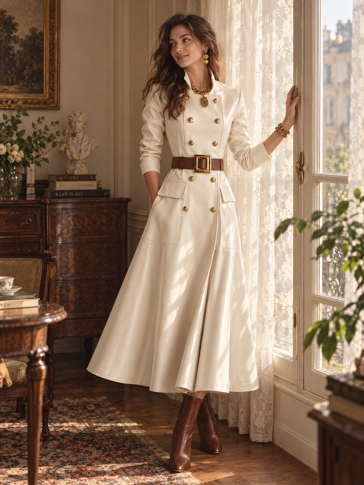 Vestido Abrigo Marfil Refinado con Cinturón y Doble Botonadura