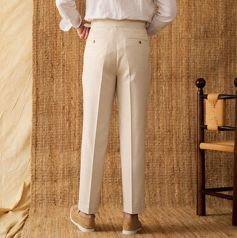 Pantalón "Monaco" de Lino con Doble Pliegue, Corte Recto