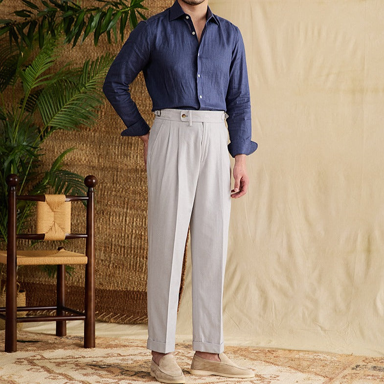 Pantalón "Monaco" de Lino con Doble Pliegue, Corte Recto