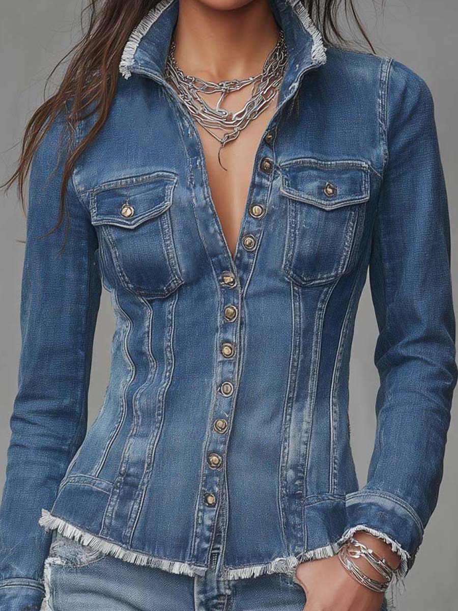 Chamarra Camisera de Mezclilla Retro Clásica Entallada con Orillas Deshilachadas y Botones al Frente