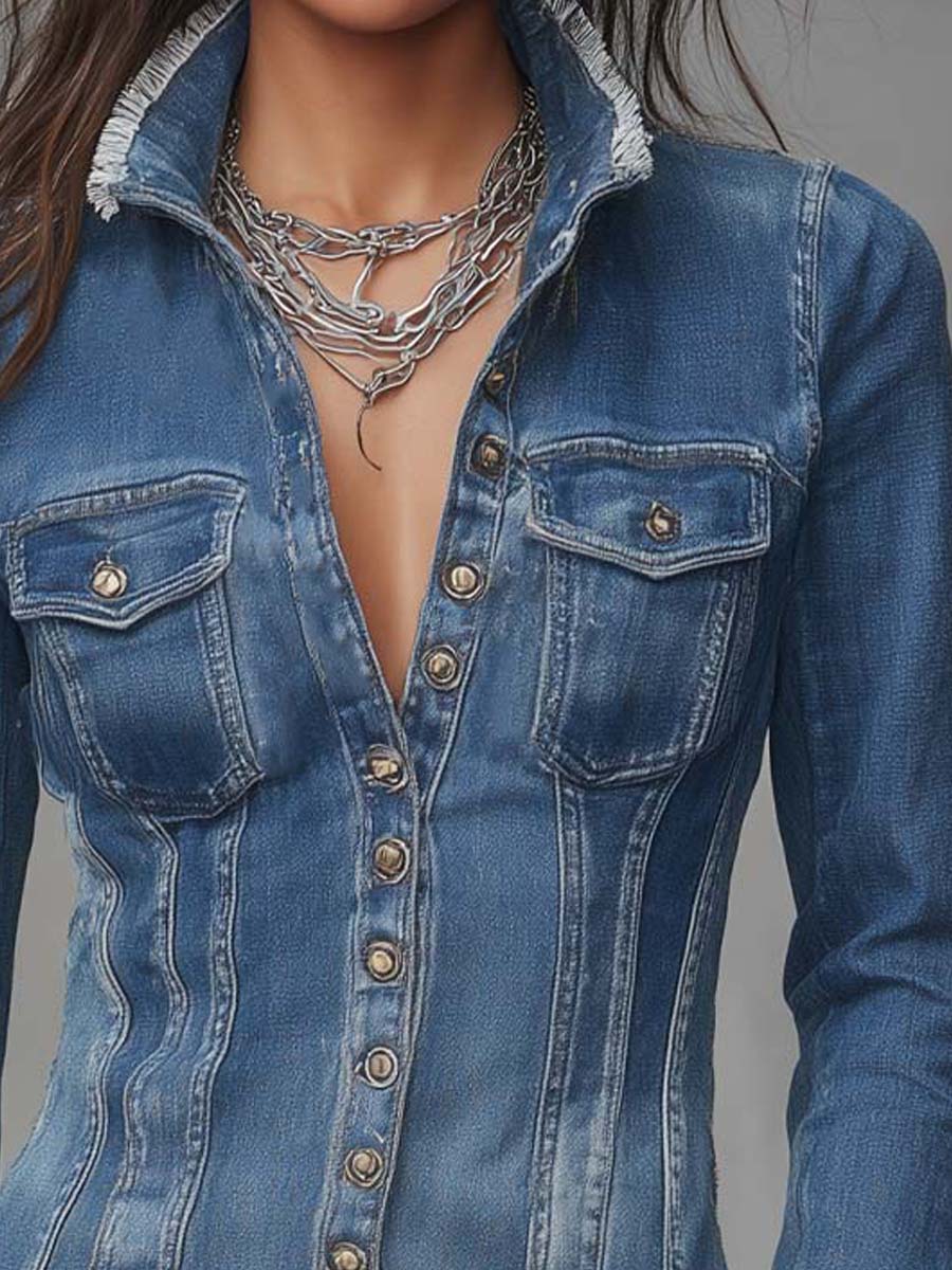 Chamarra Camisera de Mezclilla Retro Clásica Entallada con Orillas Deshilachadas y Botones al Frente