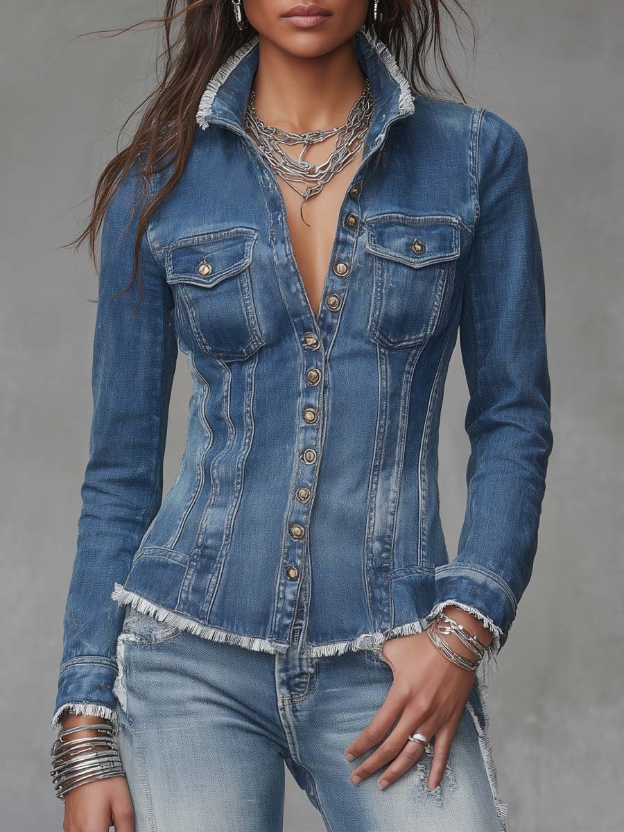 Chamarra Camisera de Mezclilla Retro Clásica Entallada con Orillas Deshilachadas y Botones al Frente