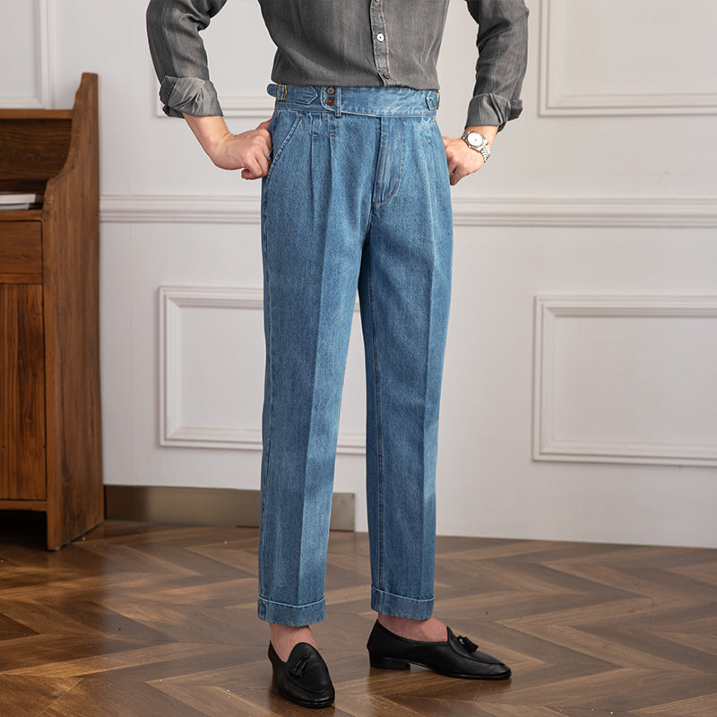 Pantalón de Mezclilla "Lorenzo" Vintage con Pliegue, Corte Recto