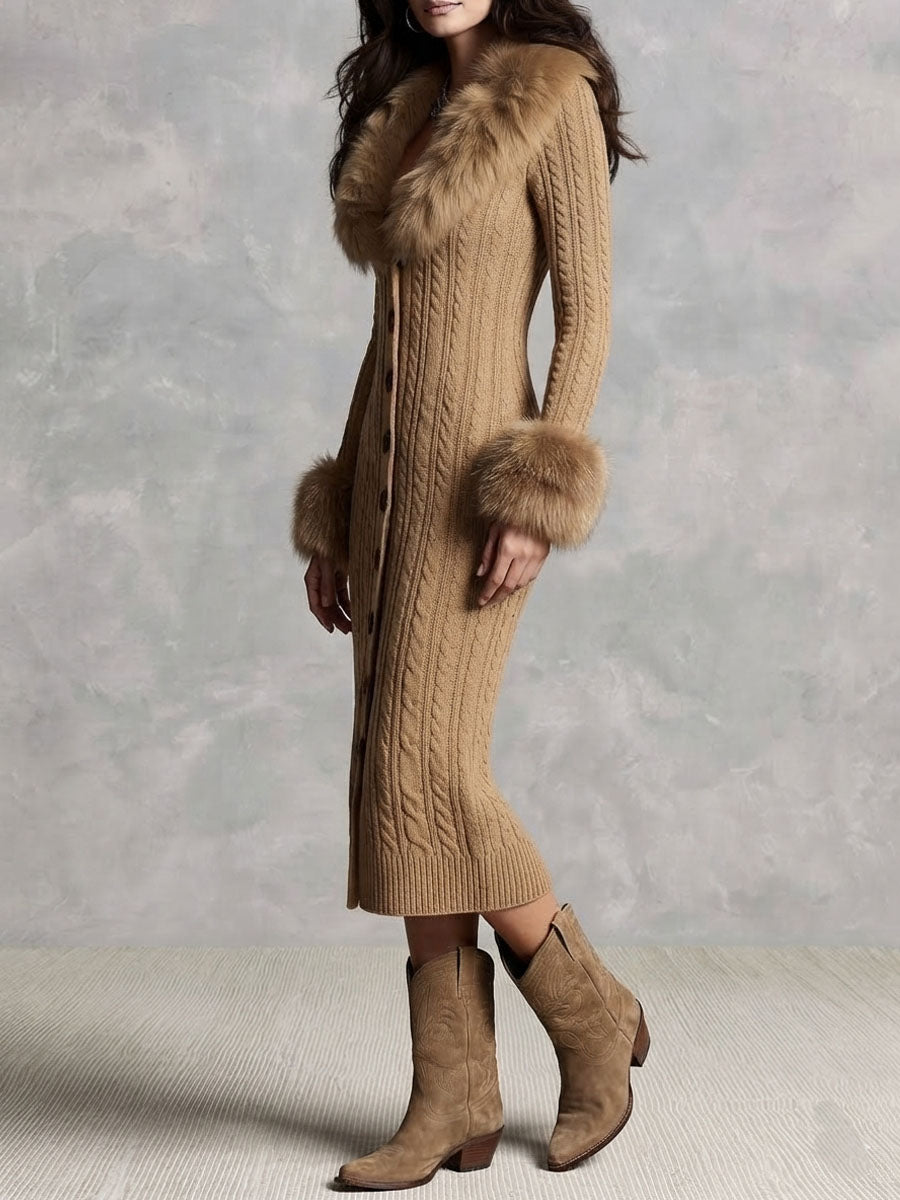 Vestido Midi Suéter de Punto Retro Color Camel con Cuello y Puños de Peluche Sintético