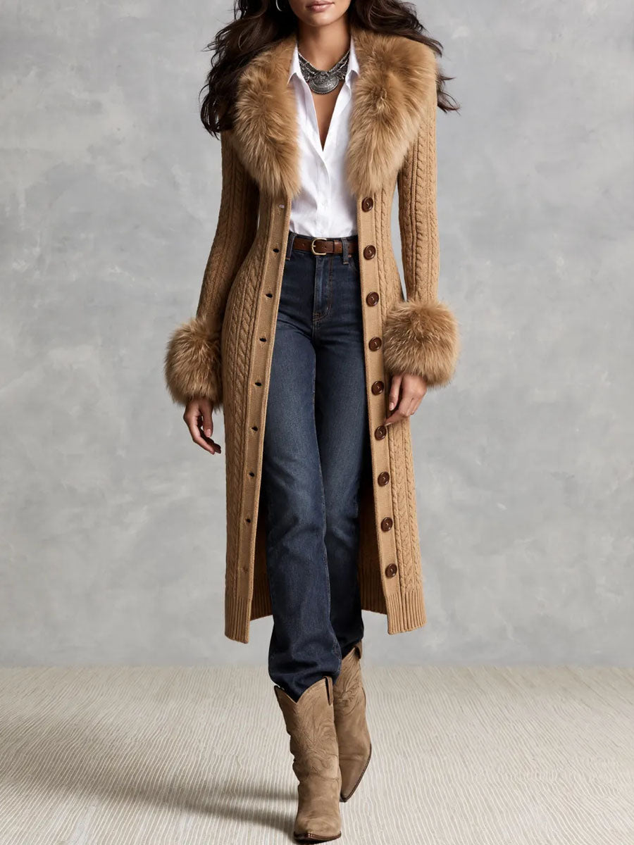 Vestido Midi Suéter de Punto Retro Color Camel con Cuello y Puños de Peluche Sintético