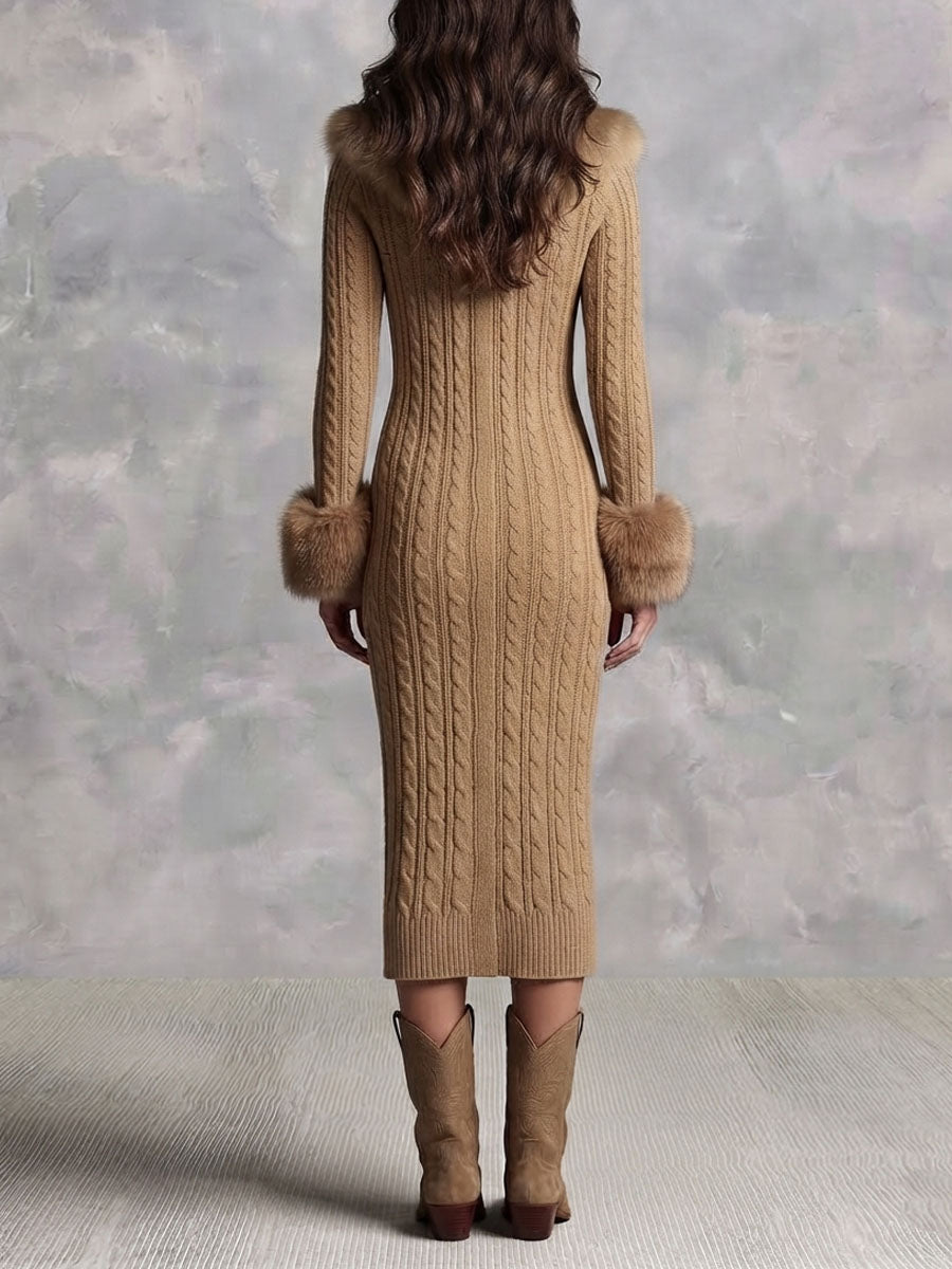 Vestido Midi Retro Tipo Suéter de Punto Color Camello con Cuello y Puños de Pelo Sintético