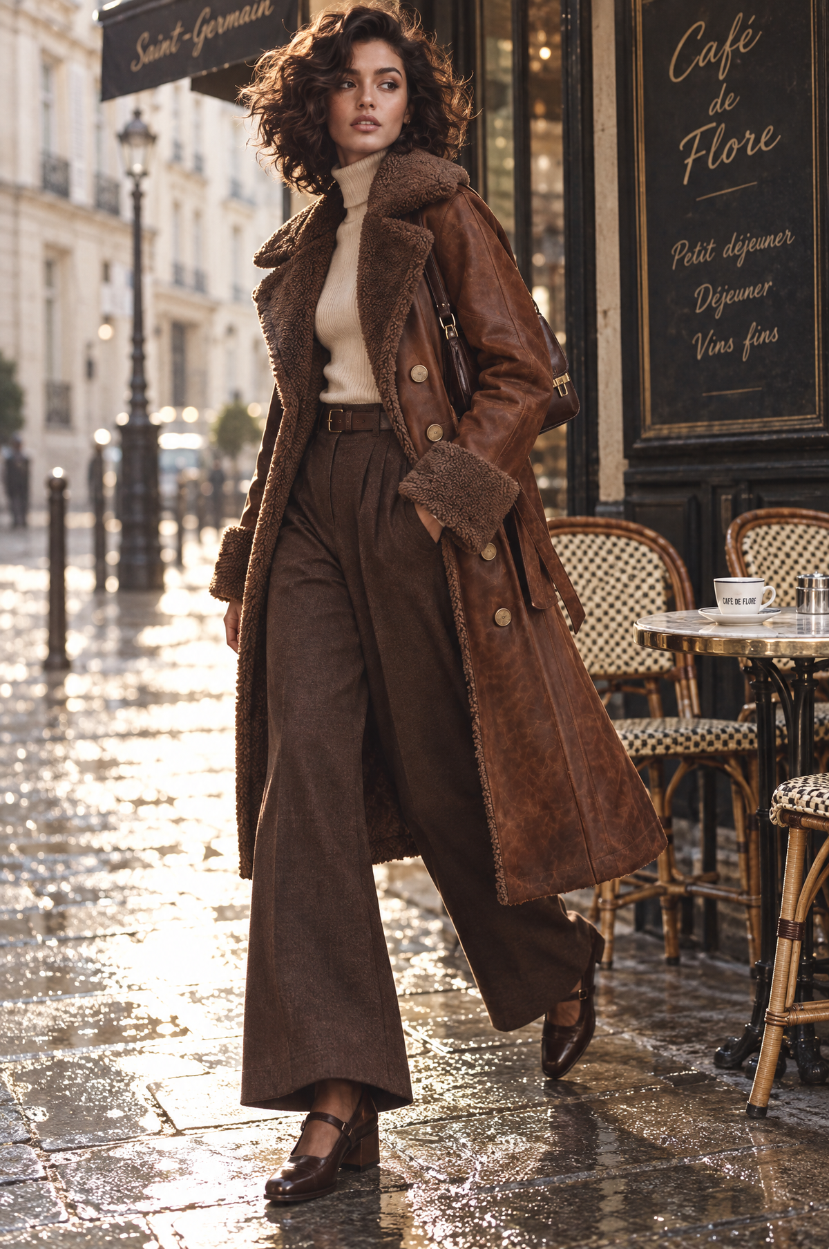 Gabardina de Piel para Mujer con Ribete de Borrego Sintético