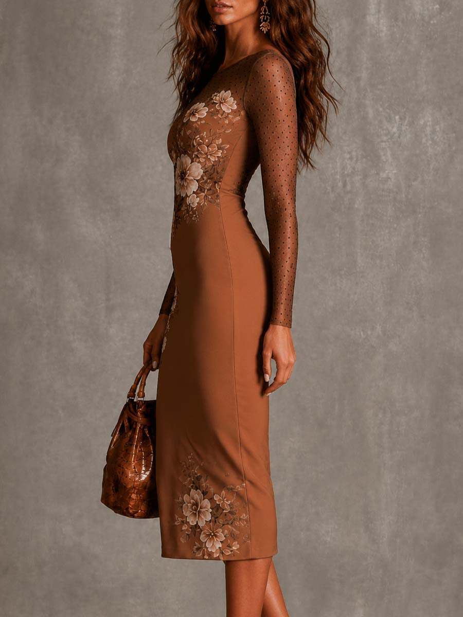 Vestido Midi Bodycon de Manga Larga con Estampado Floral Vintage y Malla de Lunares