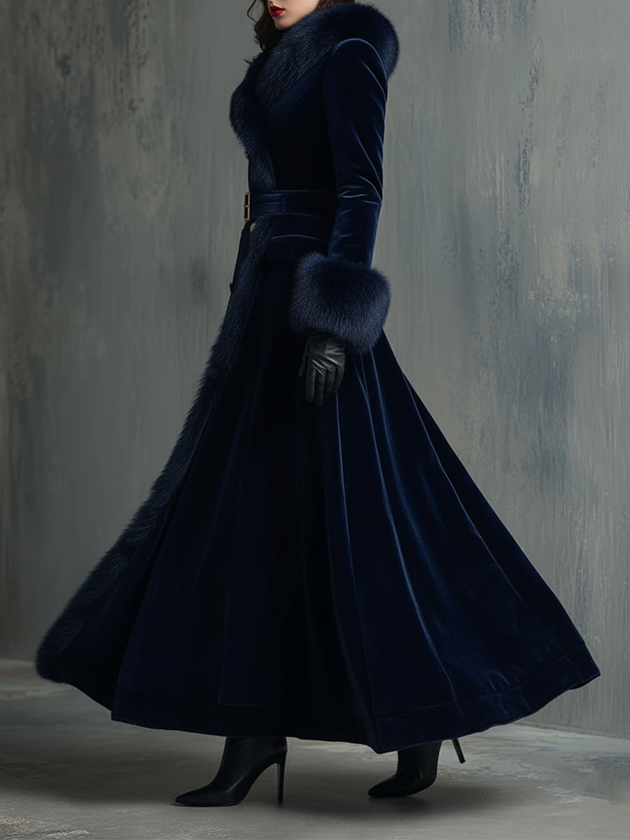 Abrigo Midi Elegante de Terciopelo con Cuello de Piel Sintética