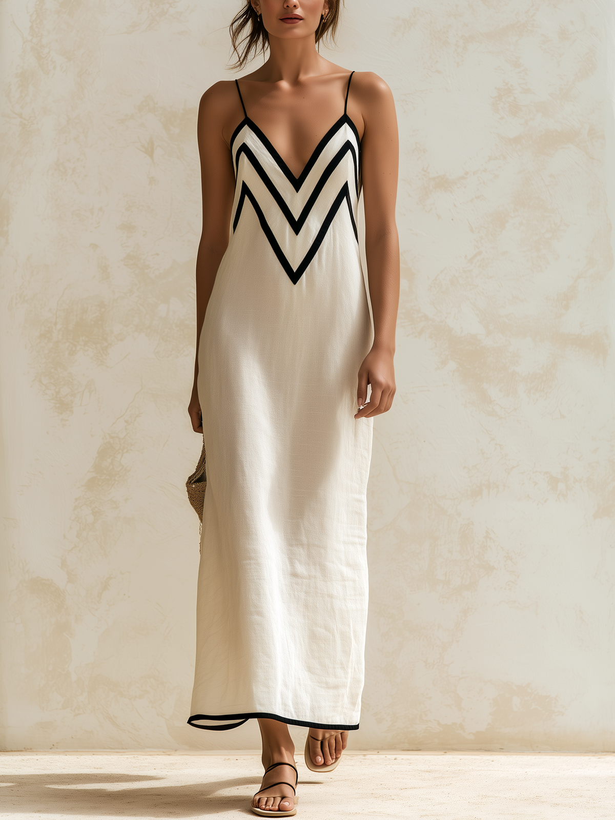 Marisa | Vestido Largo de Mujer Chevron con Ribete en Contraste
