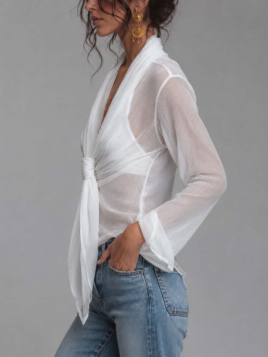 Blusa de Manga Larga de Chifón Arrugado Transparente, Frente Cruzado con Nudo y Camisola