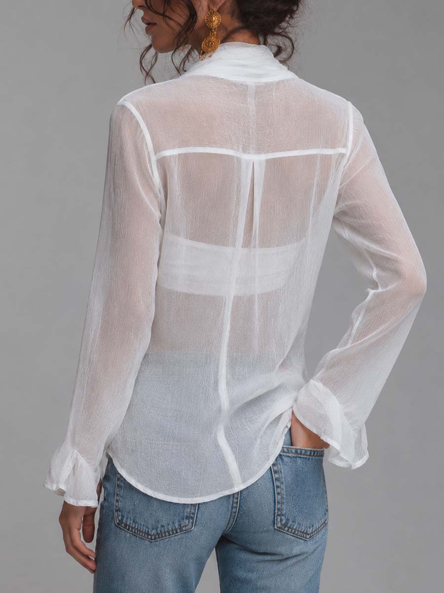Blusa de Manga Larga de Chifón Arrugado Transparente, Frente Cruzado con Nudo y Camisola