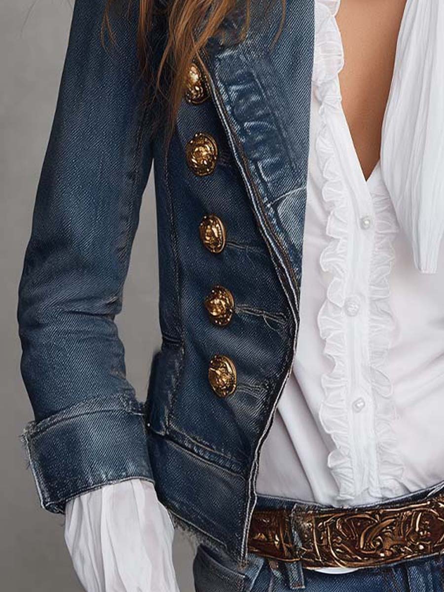 Blazer Corto de Mezclilla Vintage Estilo Vaquero, Cruzado, con Botones Dorados y Dobladillo Deshilachado