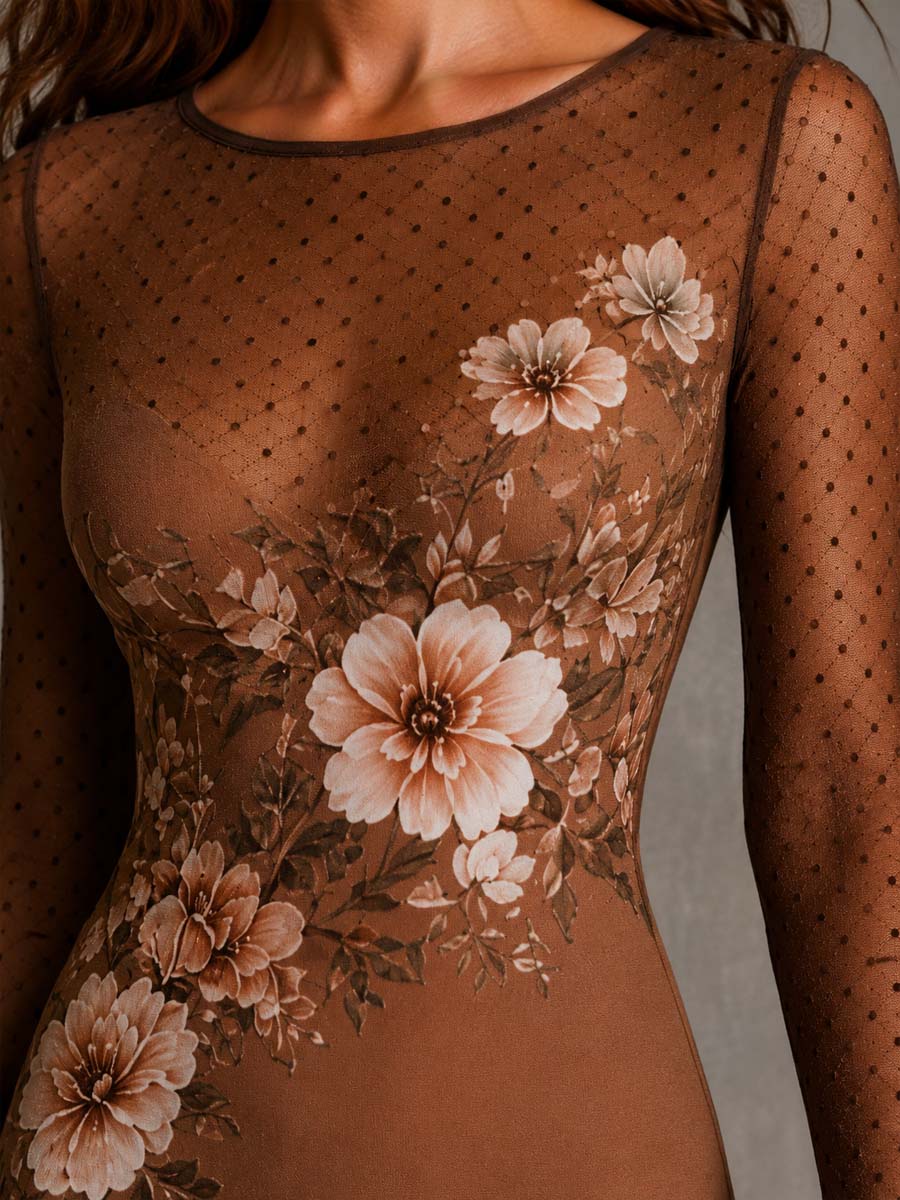 Vestido Midi Bodycon de Manga Larga con Estampado Floral Vintage y Malla de Lunares