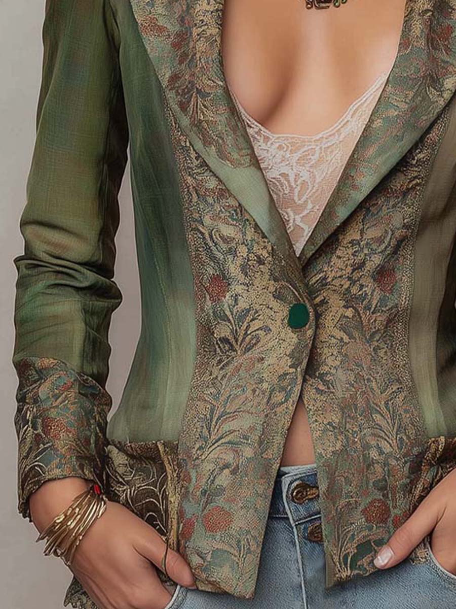 Blazer Entallado Verde Olivo Vintage con Solapas y Puños en Contraste de Tapiz Floral y un Botón