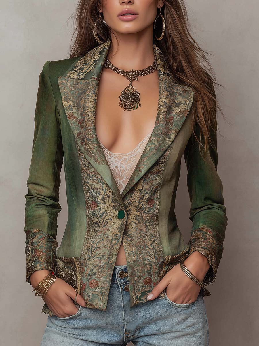 Blazer Entallado Verde Olivo Vintage con Solapas y Puños en Contraste de Tapiz Floral y un Botón