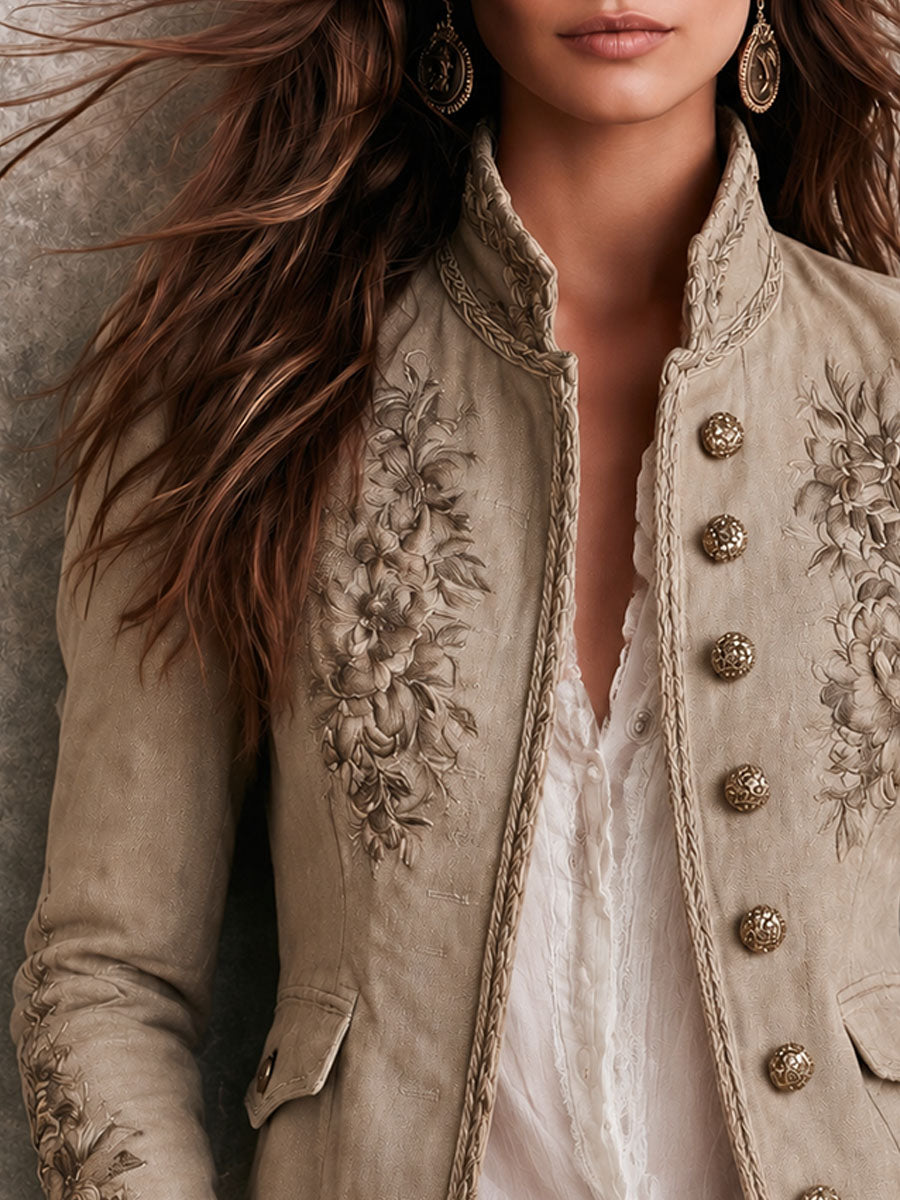 Chamarra Retro Beige con Cuello Mao, Bordado Floral y Ribete Trenzado
