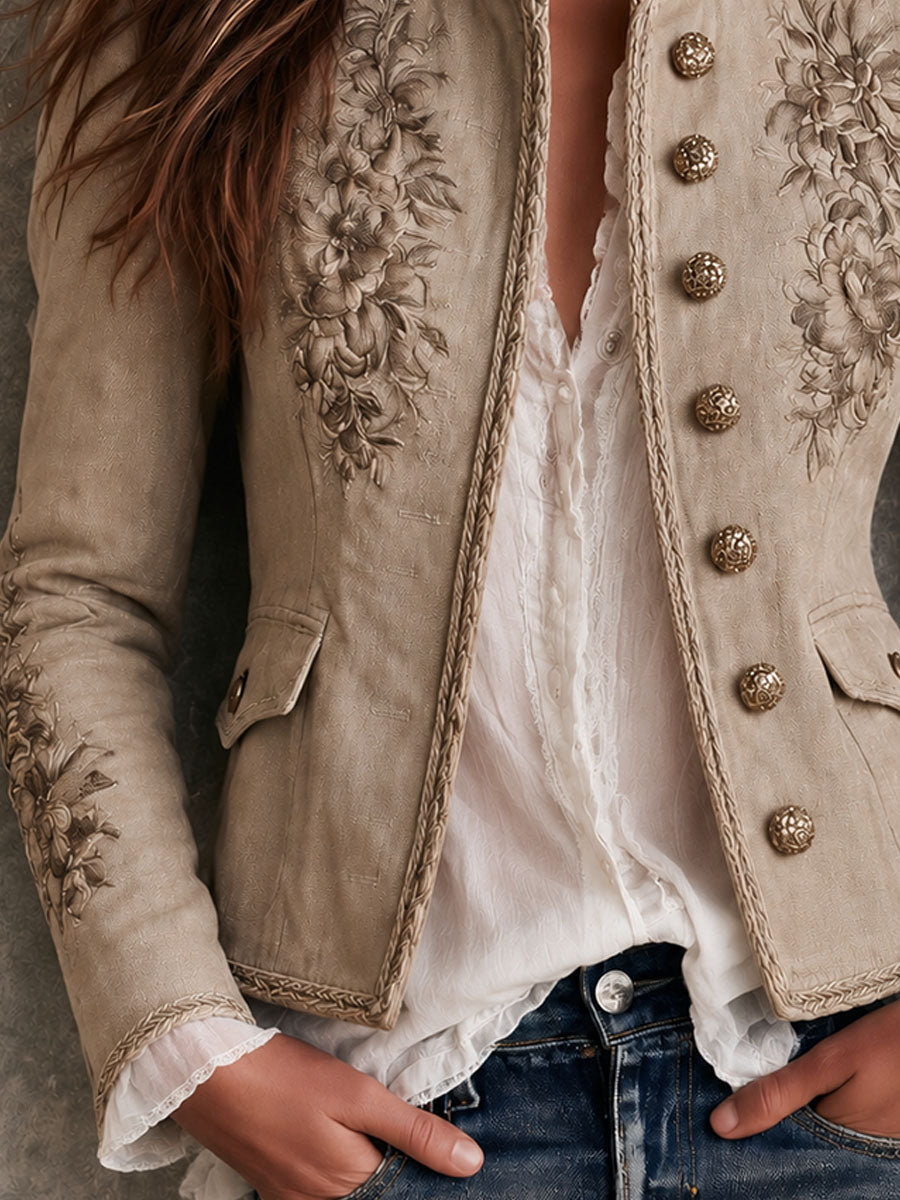 Chamarra Retro Beige con Cuello Mao, Bordado Floral y Ribete Trenzado