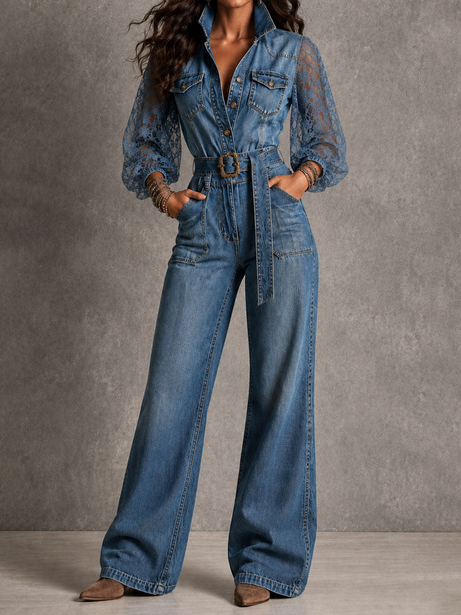 Jumpsuit Boho de Mezclilla de Pierna Ancha con Encaje, Mangas Abullonadas, Cuello, Botones y Cinturón