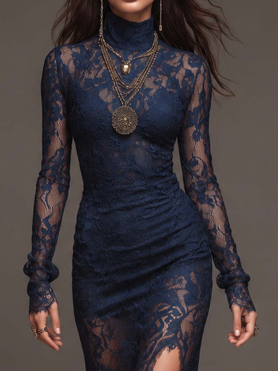 Vestido Midi Bodycon de Encaje Floral Festoneado, Romántico Bohemio, Cuello Alto, Manga Larga, Fruncido Lateral y Abertura Alta
