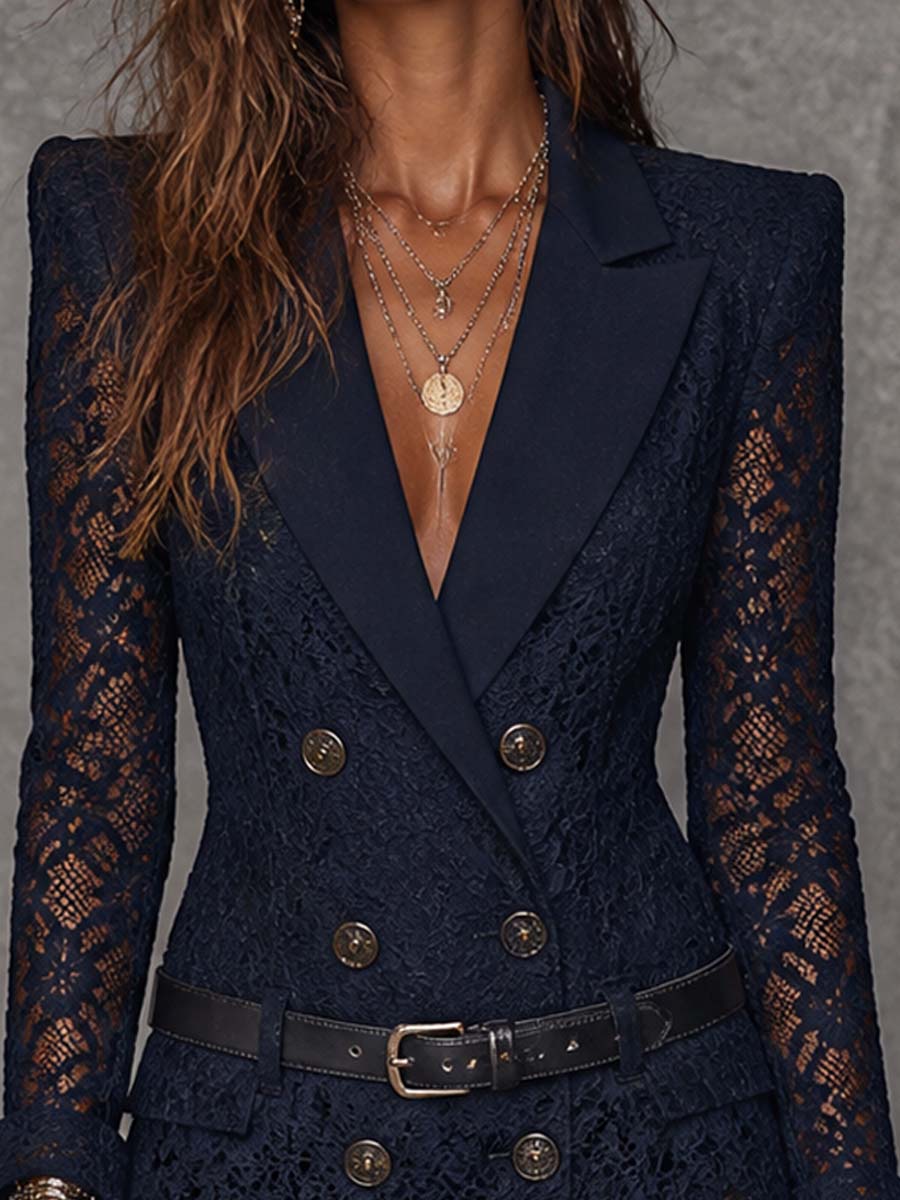 Vestido Corto Estilo Blazer de Encaje Floral Azul Marino Cruzado con Solapas, Manga Larga y Cinturón