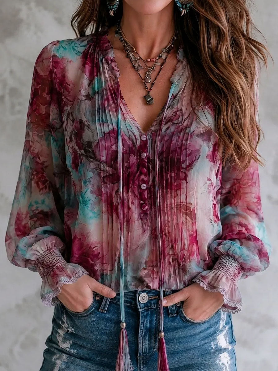 Blusa Boho de Manga Larga con Estampado Floral, Lazo con Borlas y Puños Fruncidos