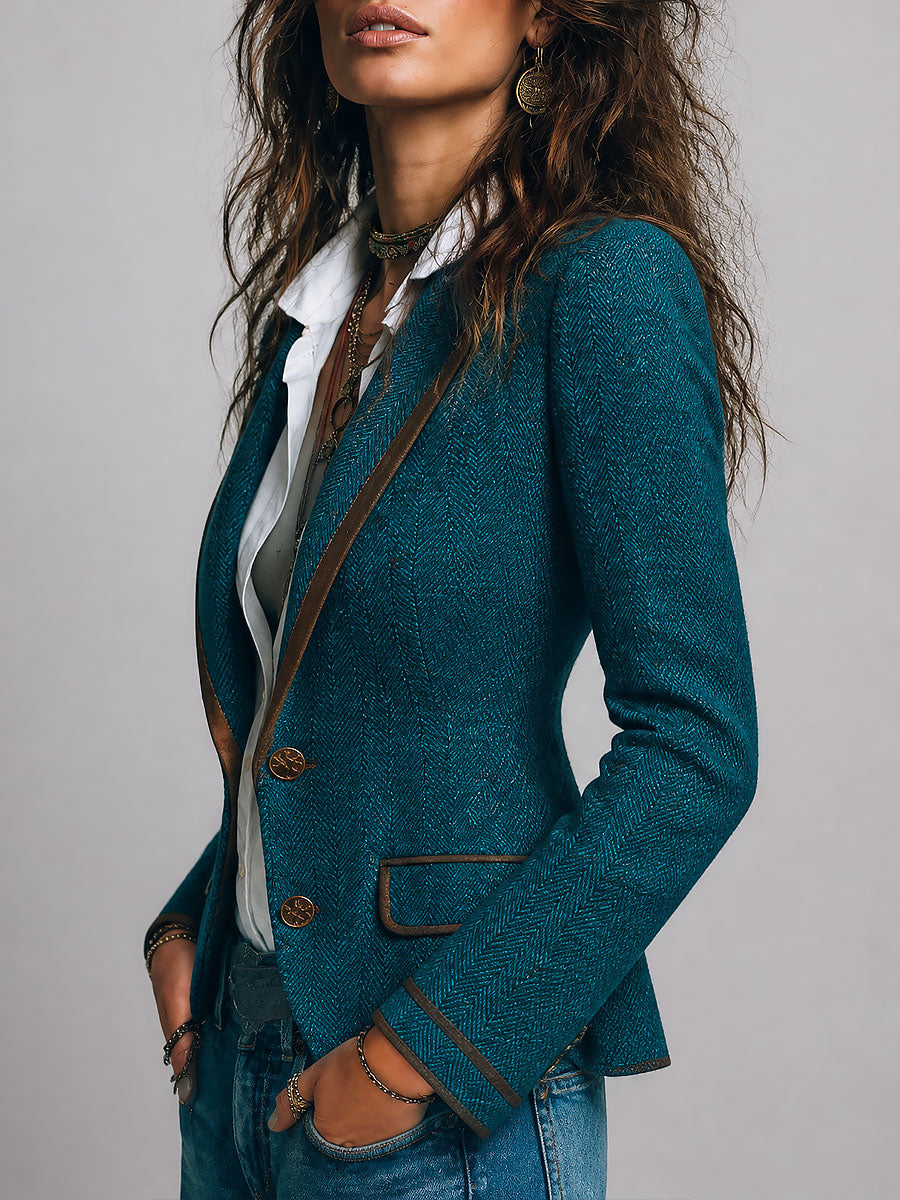 Blazer Entallado Retro de Tweed Espiga con Ribete en Contraste