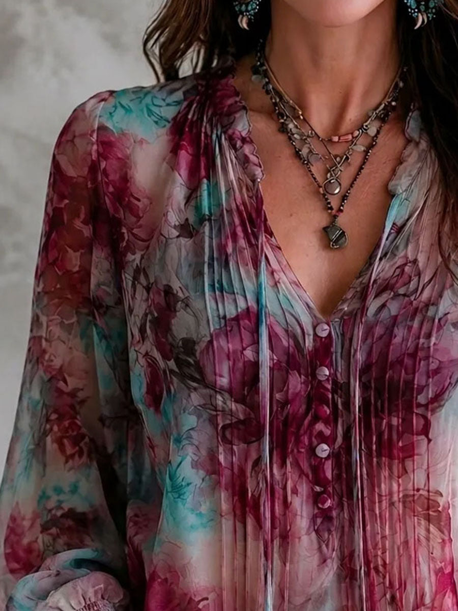 Blusa Boho de Manga Larga con Estampado Floral, Lazo con Borlas y Puños Fruncidos