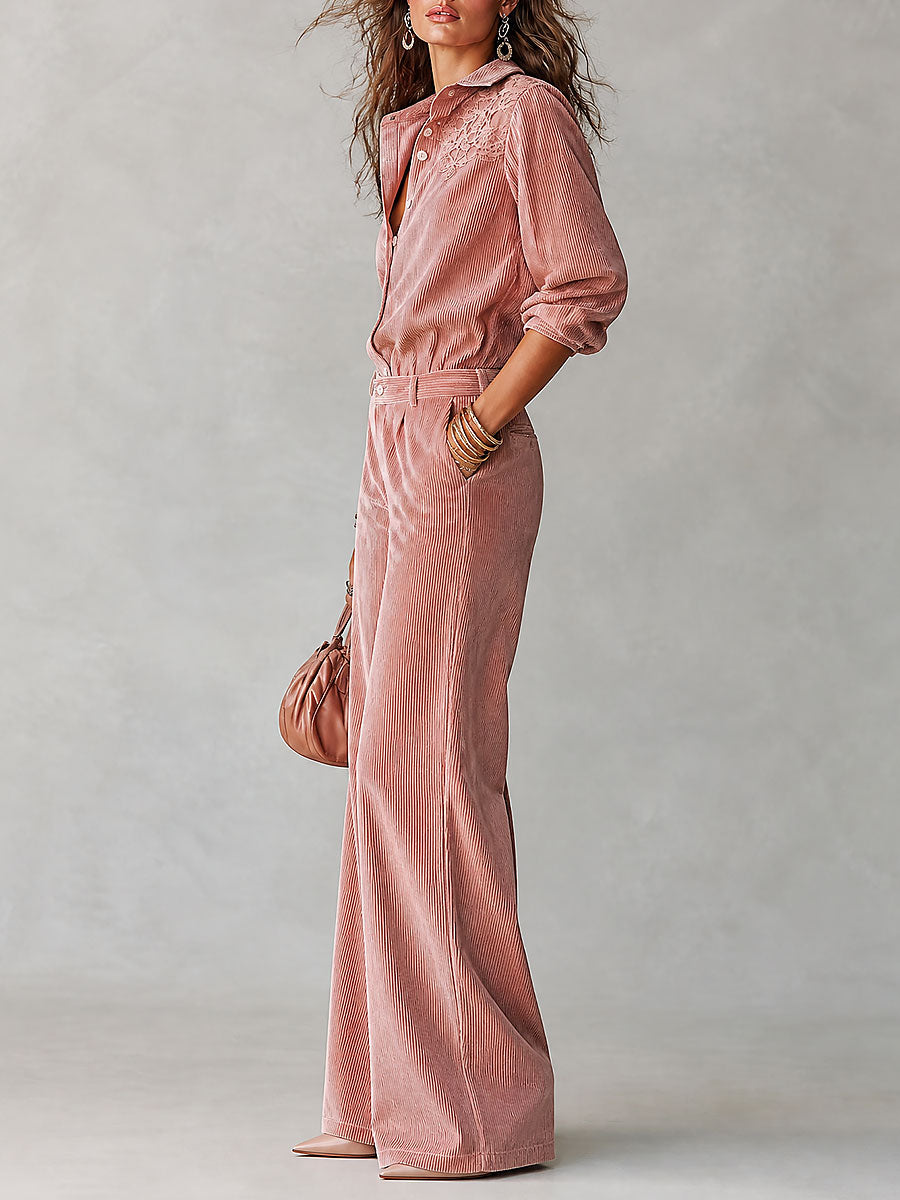 Conjunto Boho de Camisa de Pana con Encaje y Pantalón de Pierna Ancha