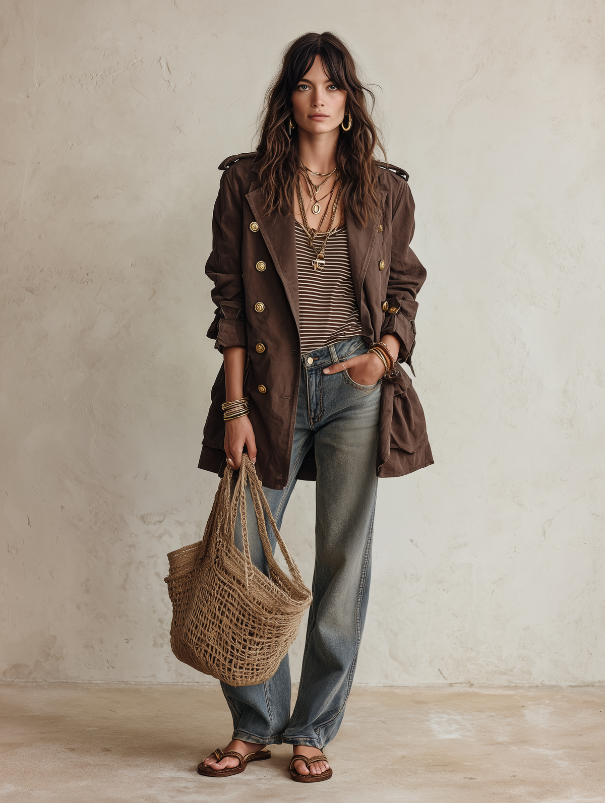 Gabardina Cruzada Utility Chic de Sarga de Algodón con Cinturón Color Café Chocolate