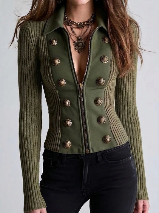 Cárdigan de Punto Vintage Verde Militar con Paneles Combinados y Botones Decorativos de Latón