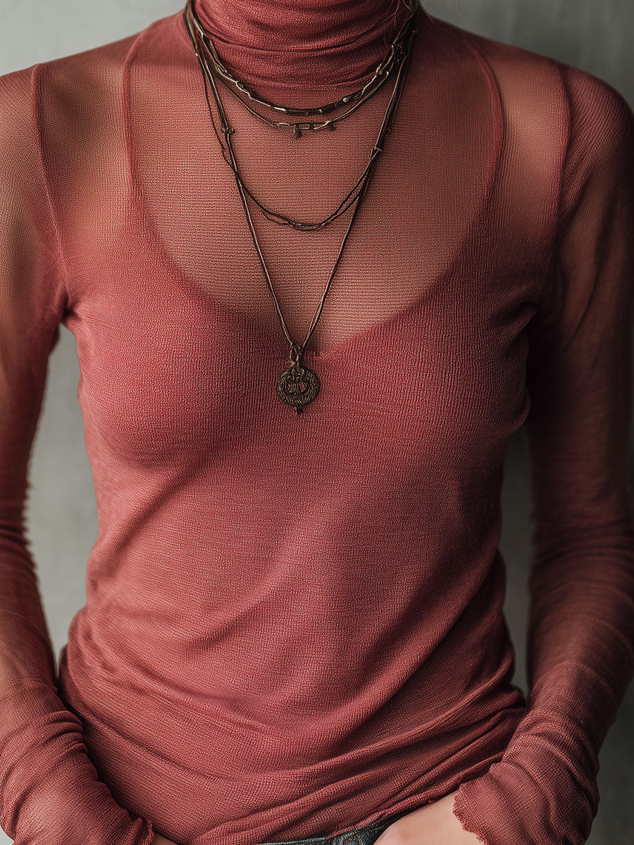 Suéter Retro Entallado de Punto Transparente con Cuello Alto Color Frambuesa