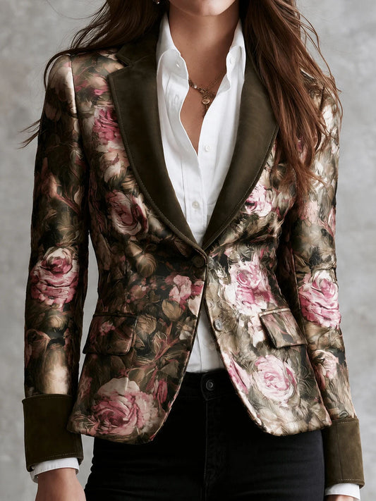Blazer Vintage de Gamuza Verde Olivo con Rosas Victorianas y Solapa