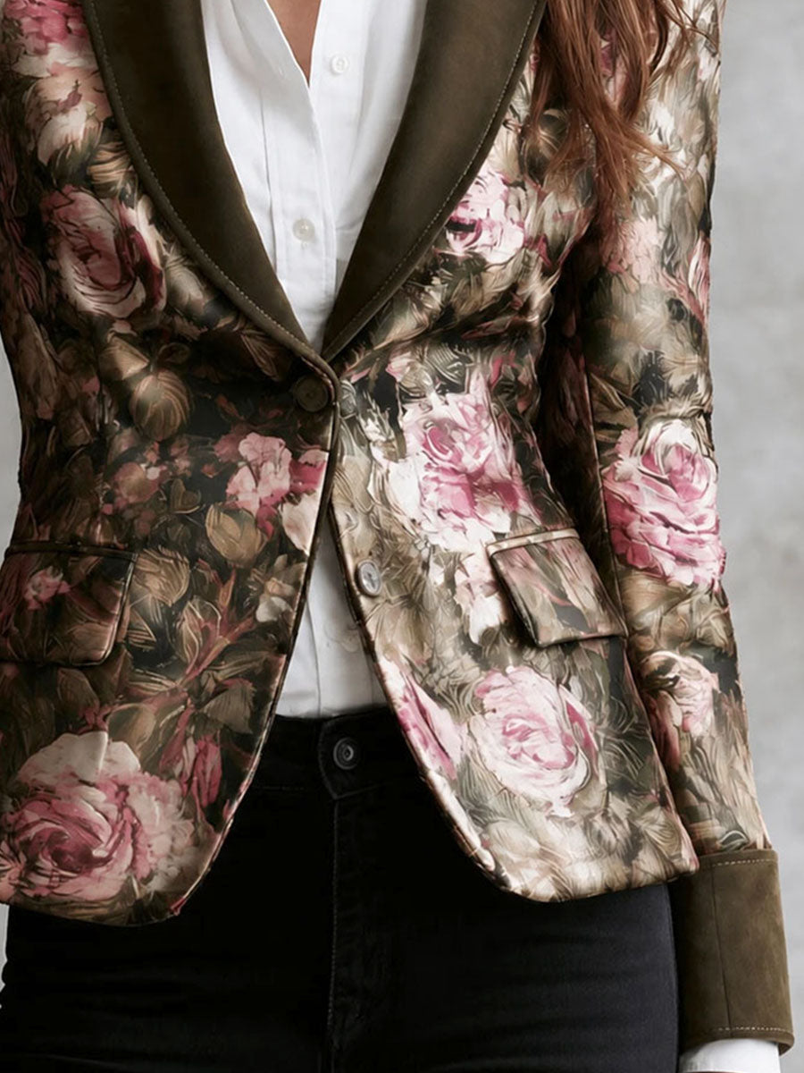 Blazer Vintage de Gamuza Verde Olivo con Rosas Victorianas y Solapa