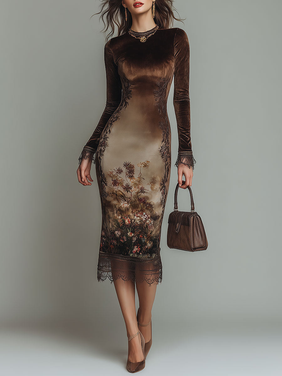 Vestido Midi Elegante de Terciopelo Estampado con Cuello Redondo y Ribete de Encaje