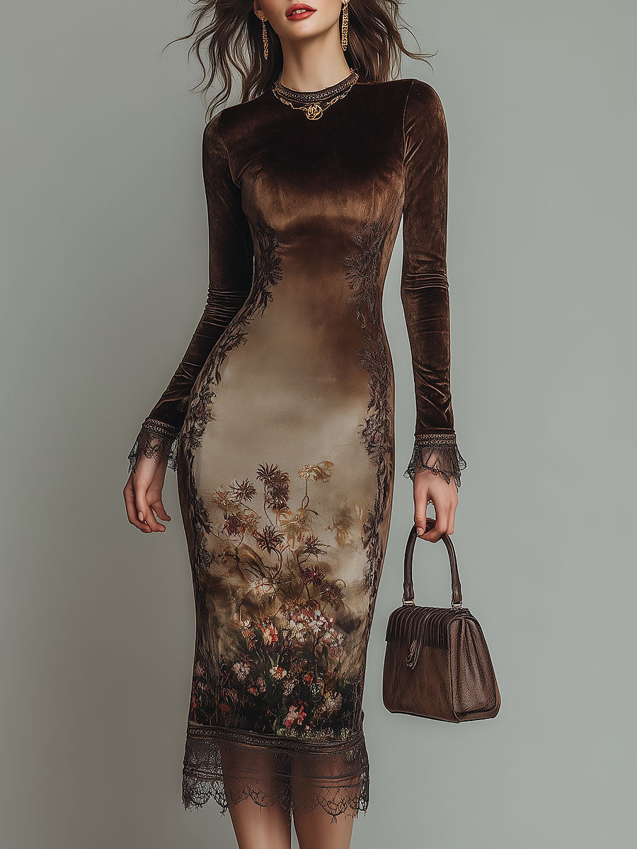 Vestido Midi Elegante de Terciopelo Estampado con Cuello Redondo y Ribete de Encaje