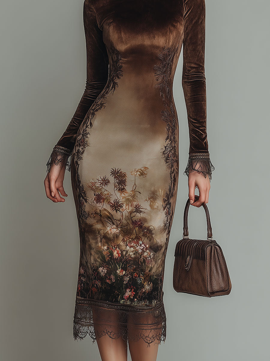 Vestido Midi Elegante de Terciopelo Estampado con Cuello Redondo y Ribete de Encaje