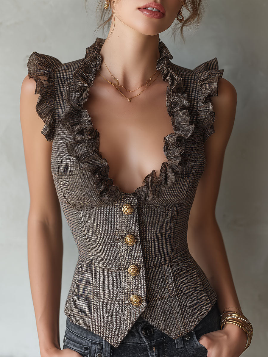 Elegante Chaleco Slim Fit de Pata de Gallo con Olanes