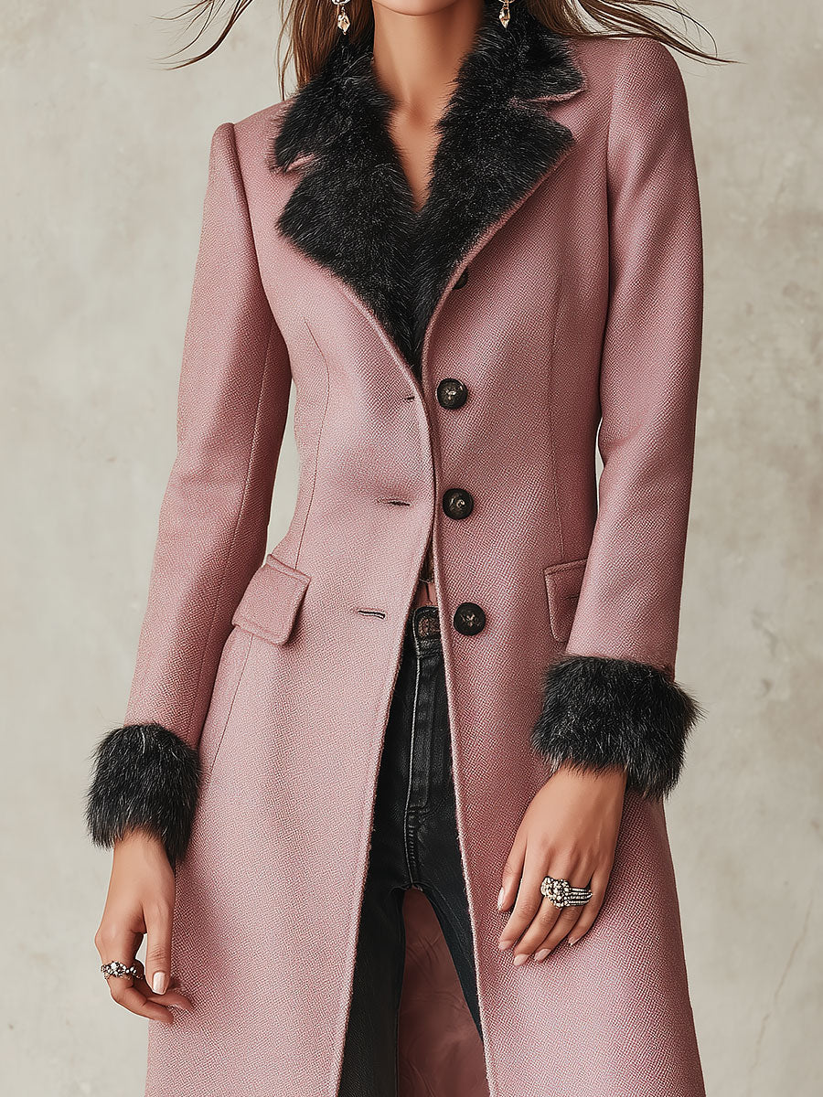 Abrigo Midi Entallado de Estilo Vintage en Mezcla de Lana con Ribete Mullido