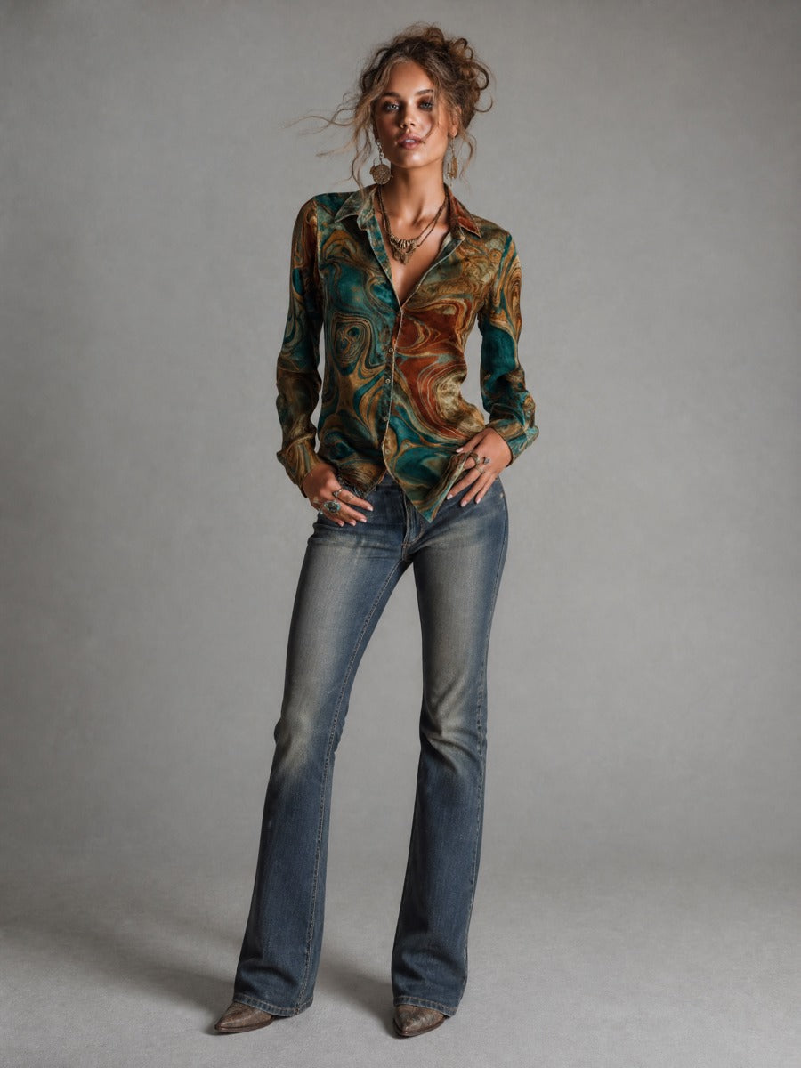 Blusa Vintage de Terciopelo con Estampado de Mármol, Manga Larga y Botones