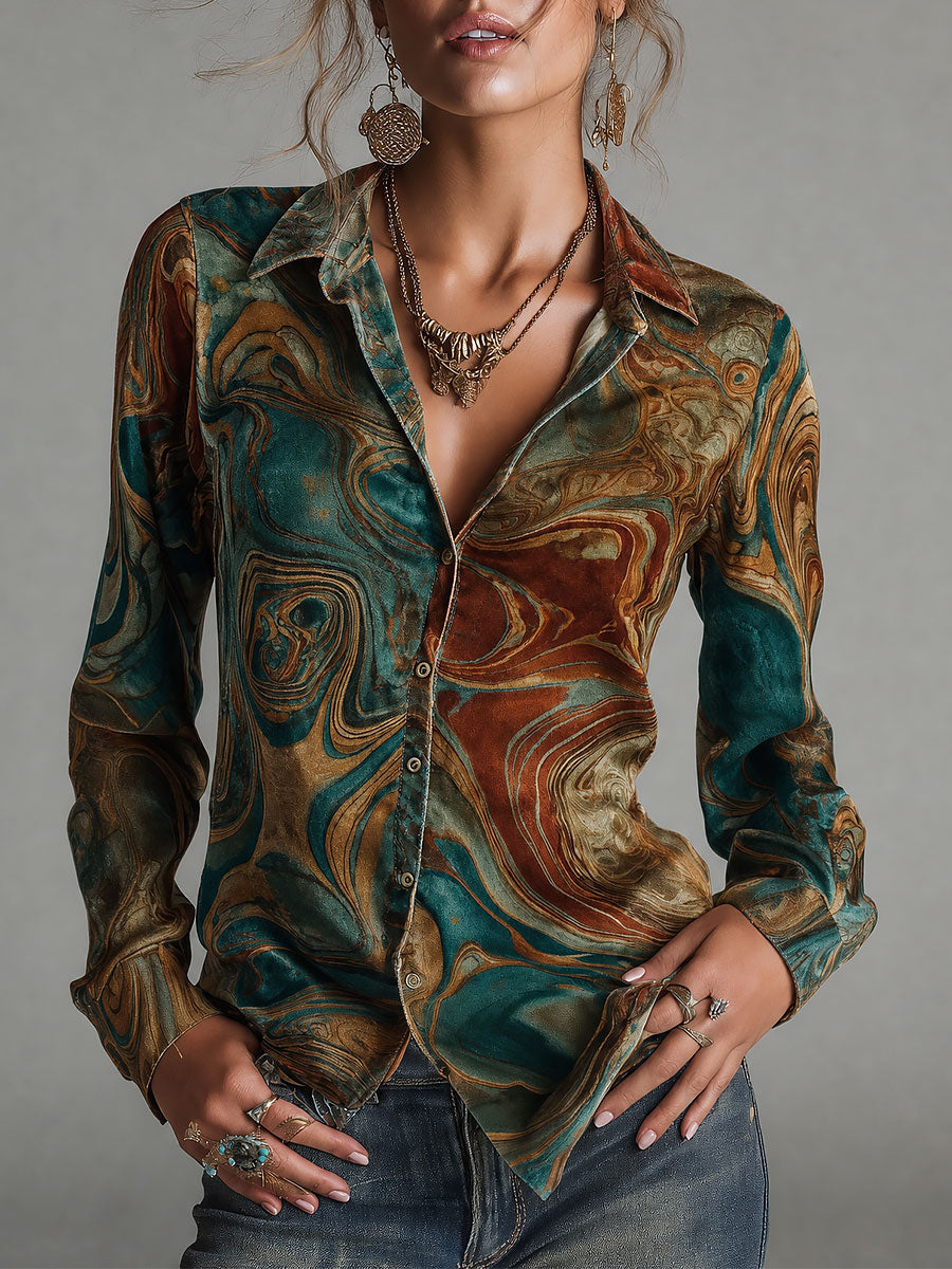Blusa Vintage de Terciopelo con Estampado de Mármol, Manga Larga y Botones
